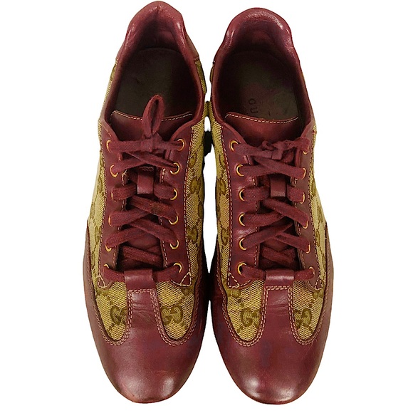 GUCCI Maroon Leather Tan Monogram Lace Up Sneakers 270105 - Picture 11 of 16